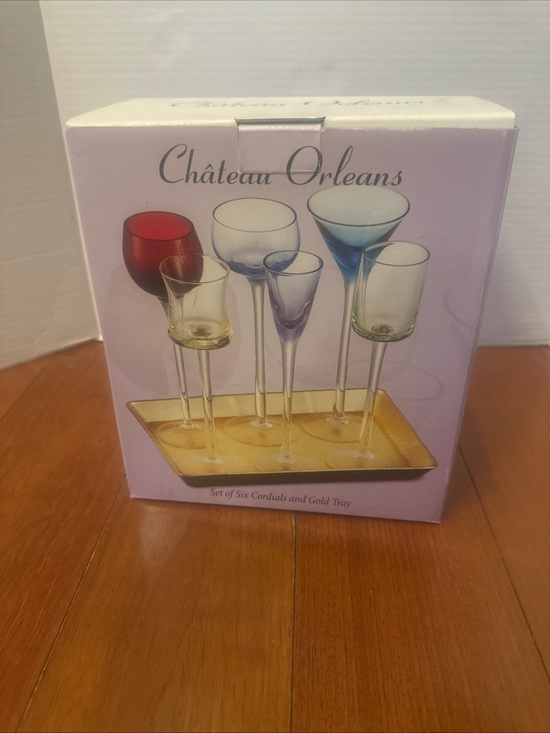 Home Essentials Other - VTG Chateau Orleans Cordial Set of 6 Multi Color Glass Gold Tray NIB